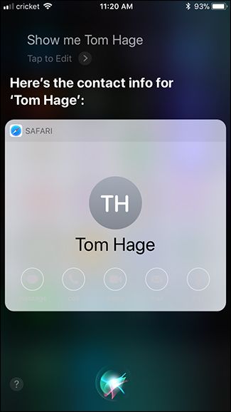 Скриншот: карточка контакта, найденная Siri