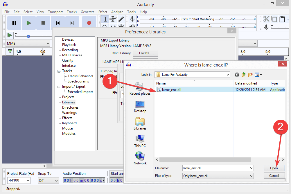 Окно настроек библиотек Audacity — выбор пути для lame_enc.dll