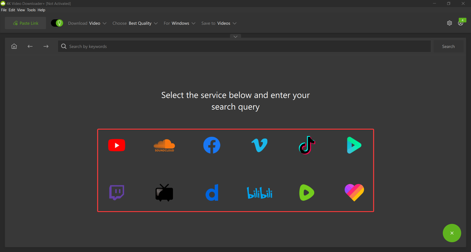 Поиск и загрузка с разных сервисов в 4K Video Downloader