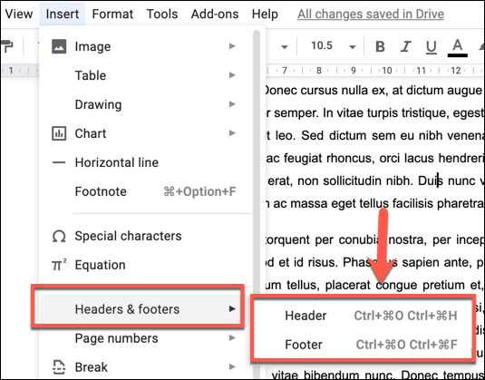 Меню вставки заголовка или нижнего колонтитула в Google Docs
