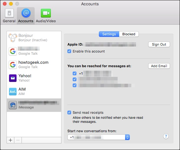 Панель учётных записей iMessage в настройках приложения Сообщения на Mac