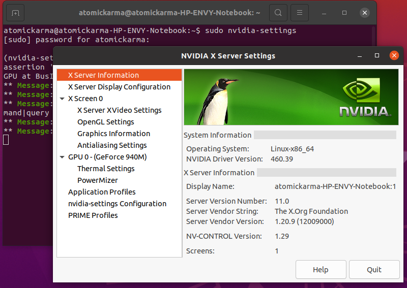 Окно настроек Nvidia в Ubuntu