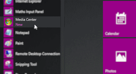 Скриншот: пункт меню для запуска Media Center в Windows 10
