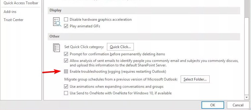 Параметр включения журналирования в Outlook выделен