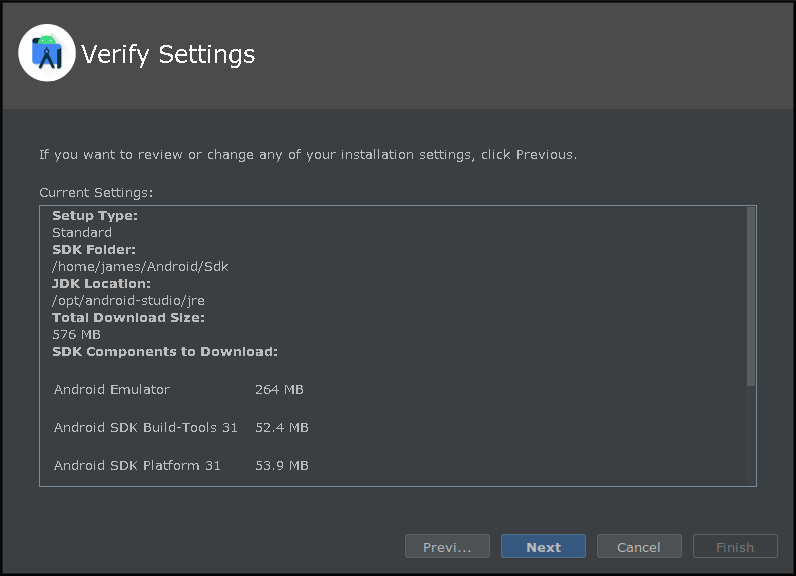 Скриншот проверки настроек перед установкой компонентов Android Studio