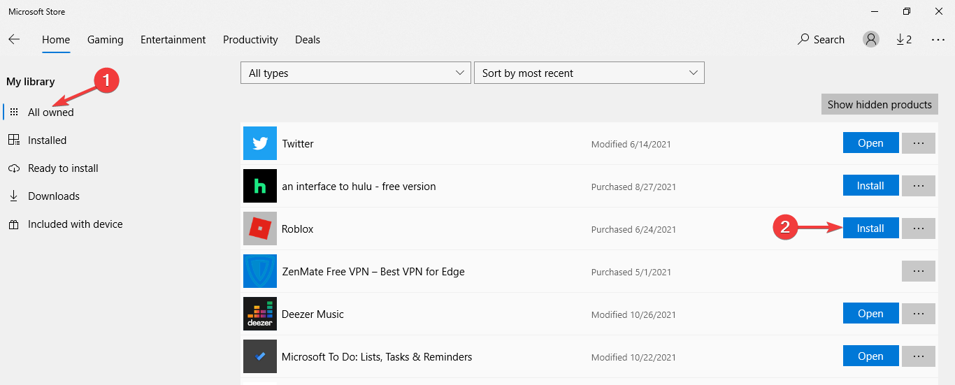 Вкладка «All owned» с Roblox, кнопка Установить