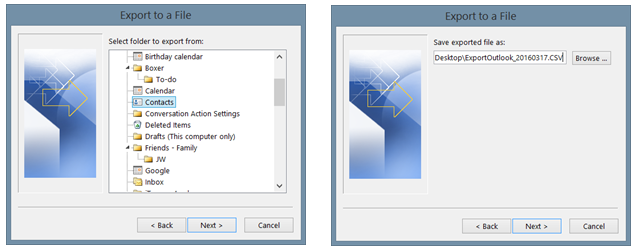 Выбор папки контактов