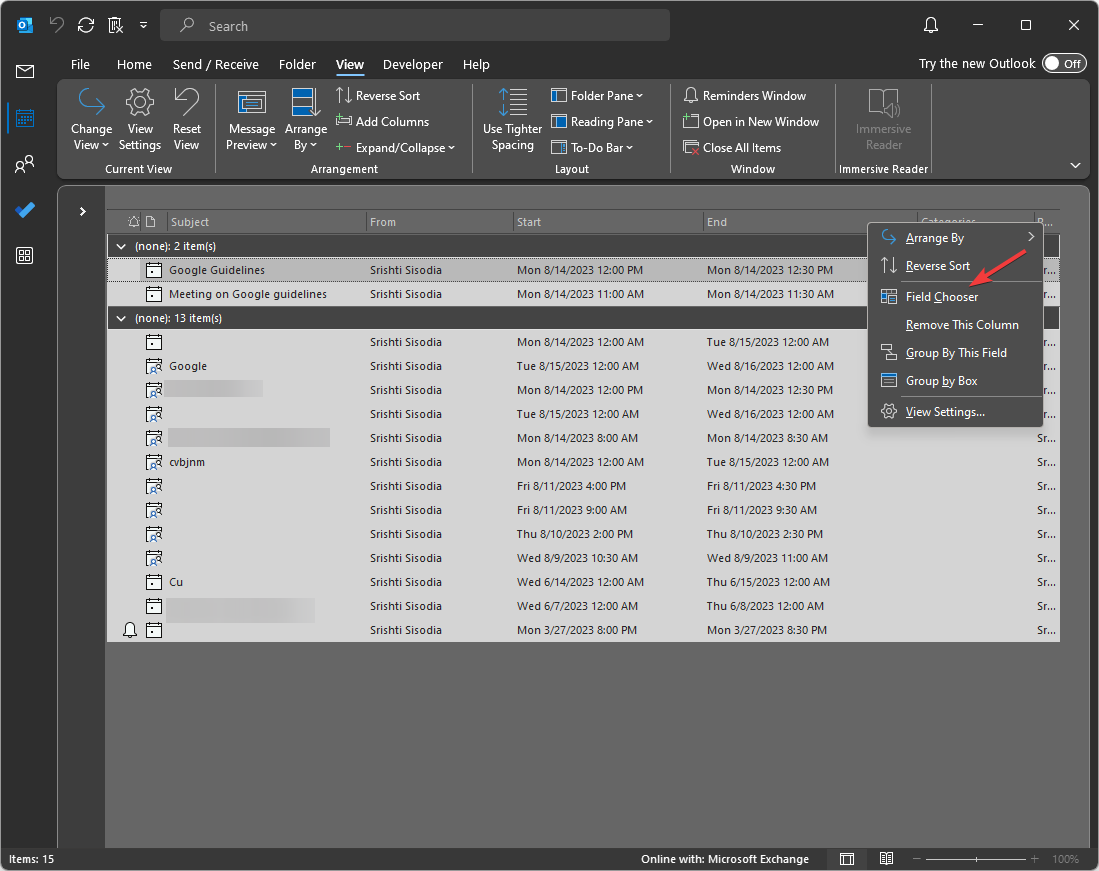 Окно выбора полей (Field Chooser) в Outlook