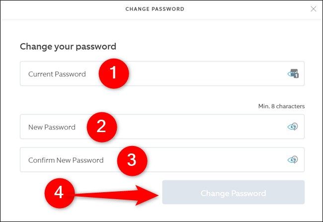 Ввод старого и нового пароля и нажатие Change Password на сайте Ring