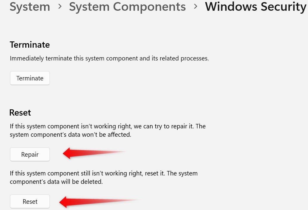 Ремонт и сброс приложения Windows Security