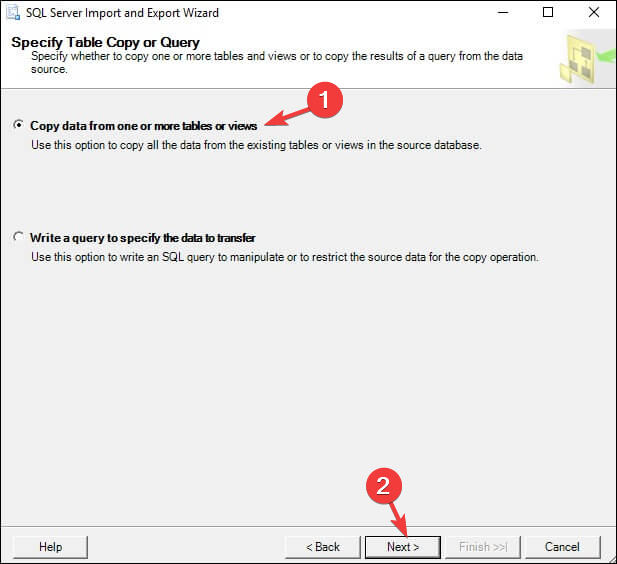 Выбор копирования данных из таблиц или представлений