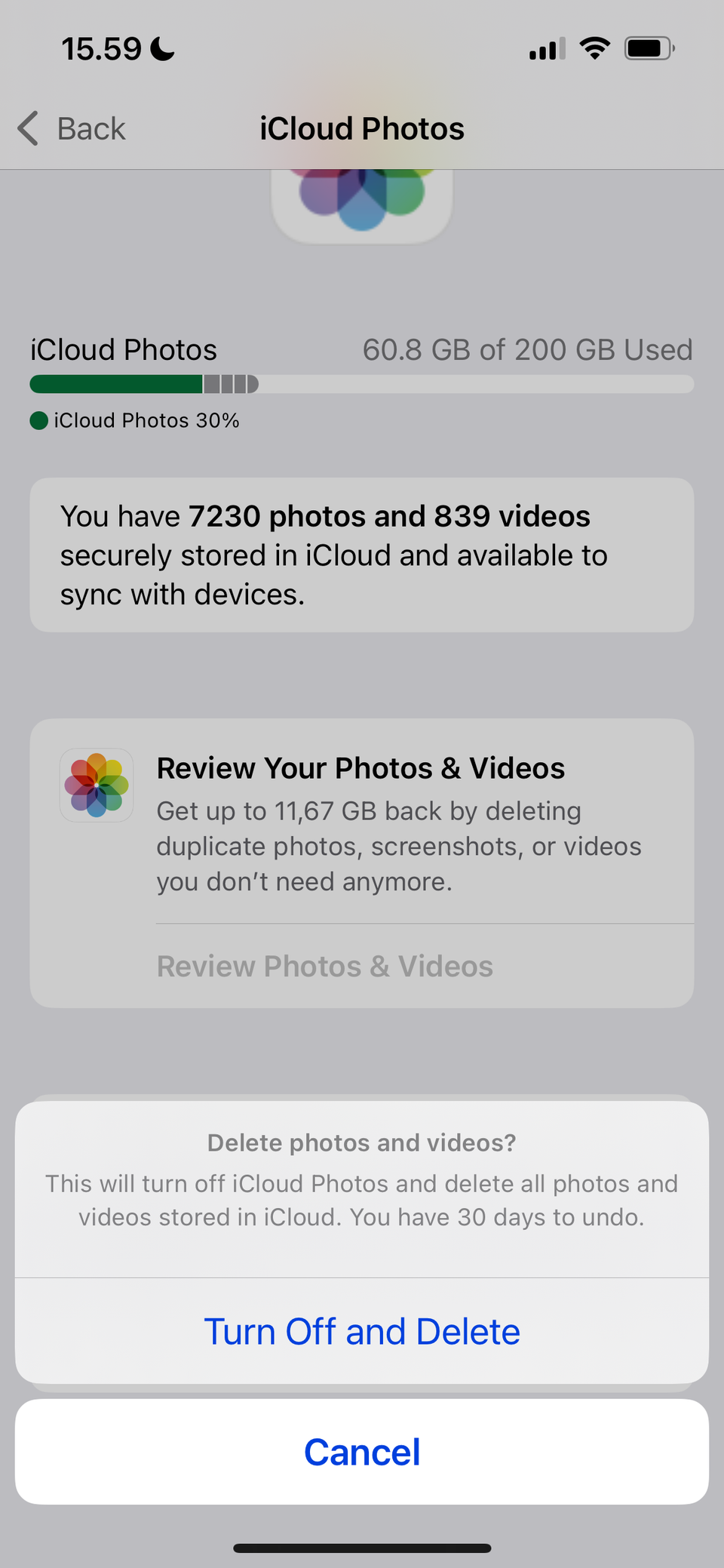 Подтверждение отключения синхронизации фото и удаления из iCloud