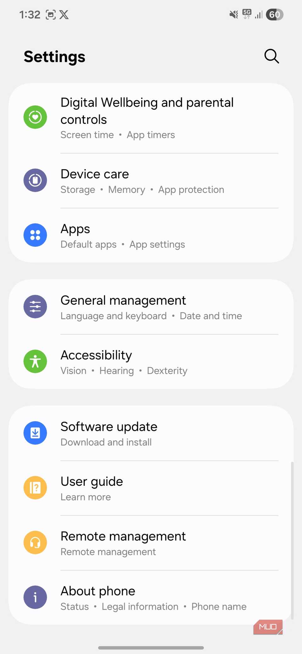 Settings menu on Android phone