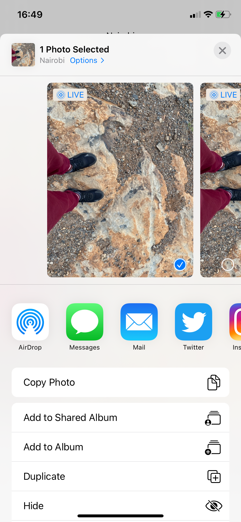 Снимок экрана: функция «Копировать фото» в iOS