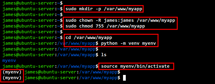 Создание виртуального окружения myenv в /var/www/myapp