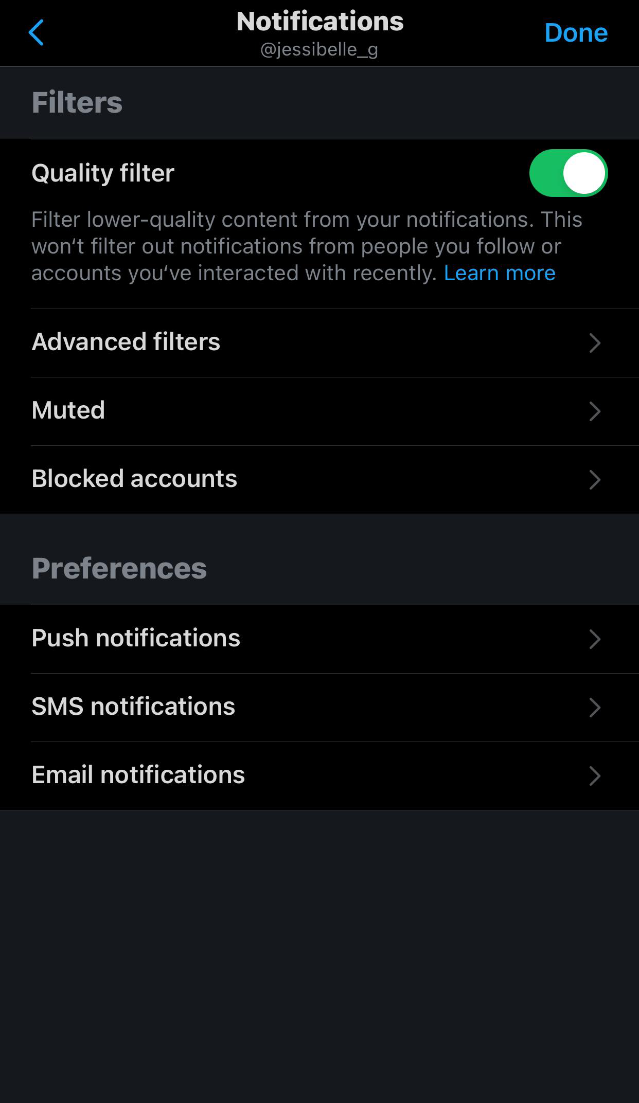 Скриншот настроек уведомлений в приложении Twitter