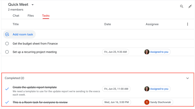 Список завершённых задач в Google Chat