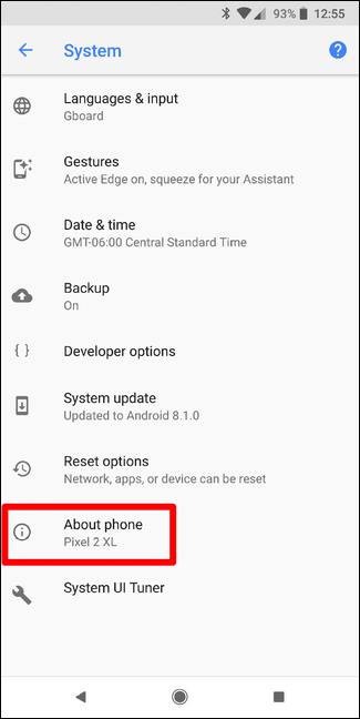 Пункт меню Настройки с выделенным разделом О телефоне