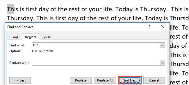 Word выделяет первое совпадение по шаблону поиска