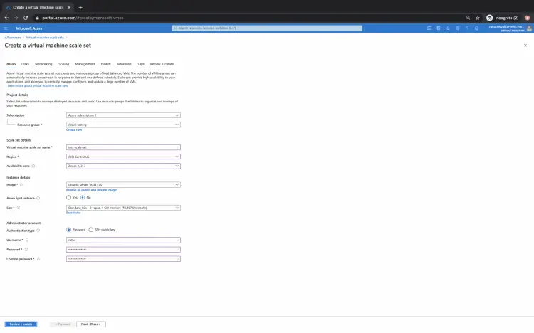 Вкладка Basics: выбор подписки, группы ресурсов, региона