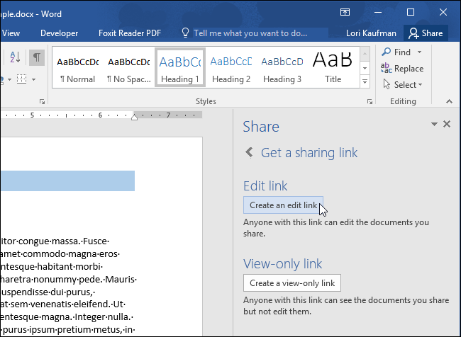 Выбор создания ссылки для редактирования или только просмотра