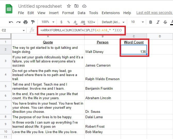 Пример: подсчёт слов в диапазоне с ARRAYFORMULA
