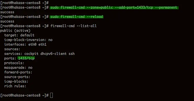 Подтверждение добавления порта 1433 в зону public firewalld