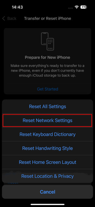 Выбор Сбросить настройки сети