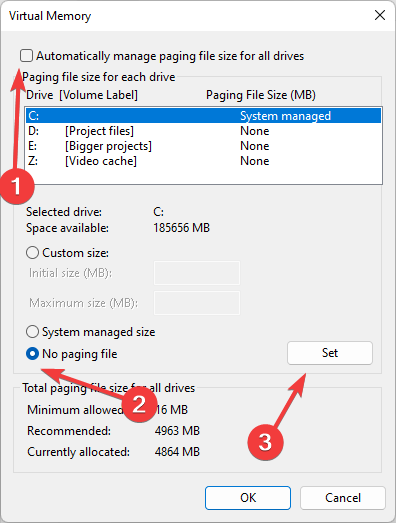 Выбор параметра «Без файла подкачки»