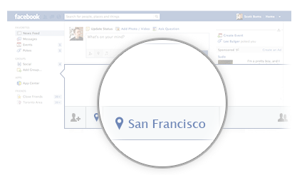 Интерфейс добавления места в пост Facebook