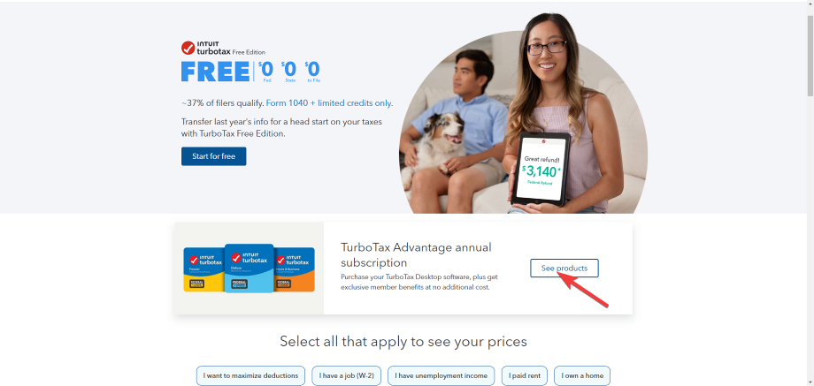Кнопка 'See products' на сайте TurboTax