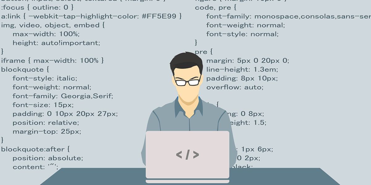 Программист за ноутбуком, код на фоне