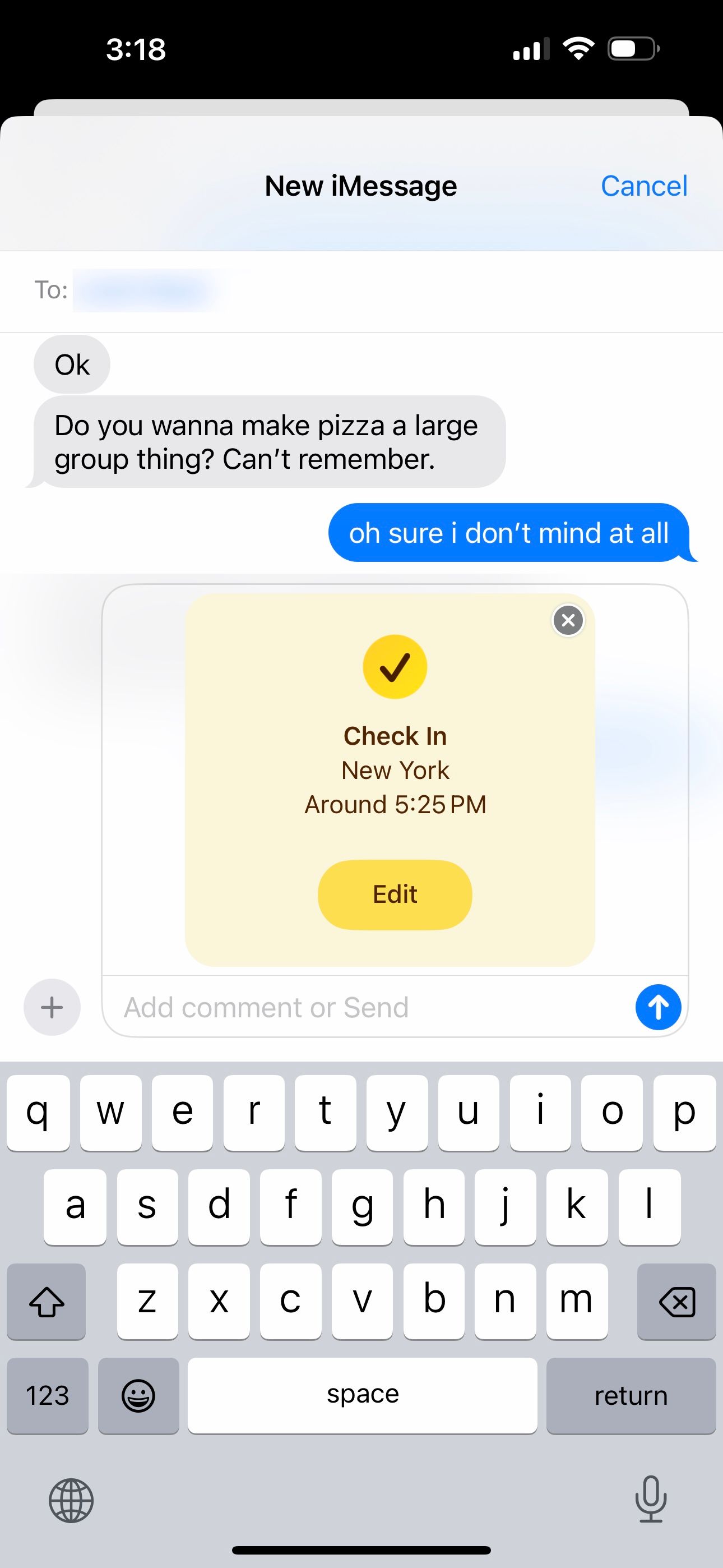 Отправка Check In через iMessage: подтверждение получателя и кнопка Отправить