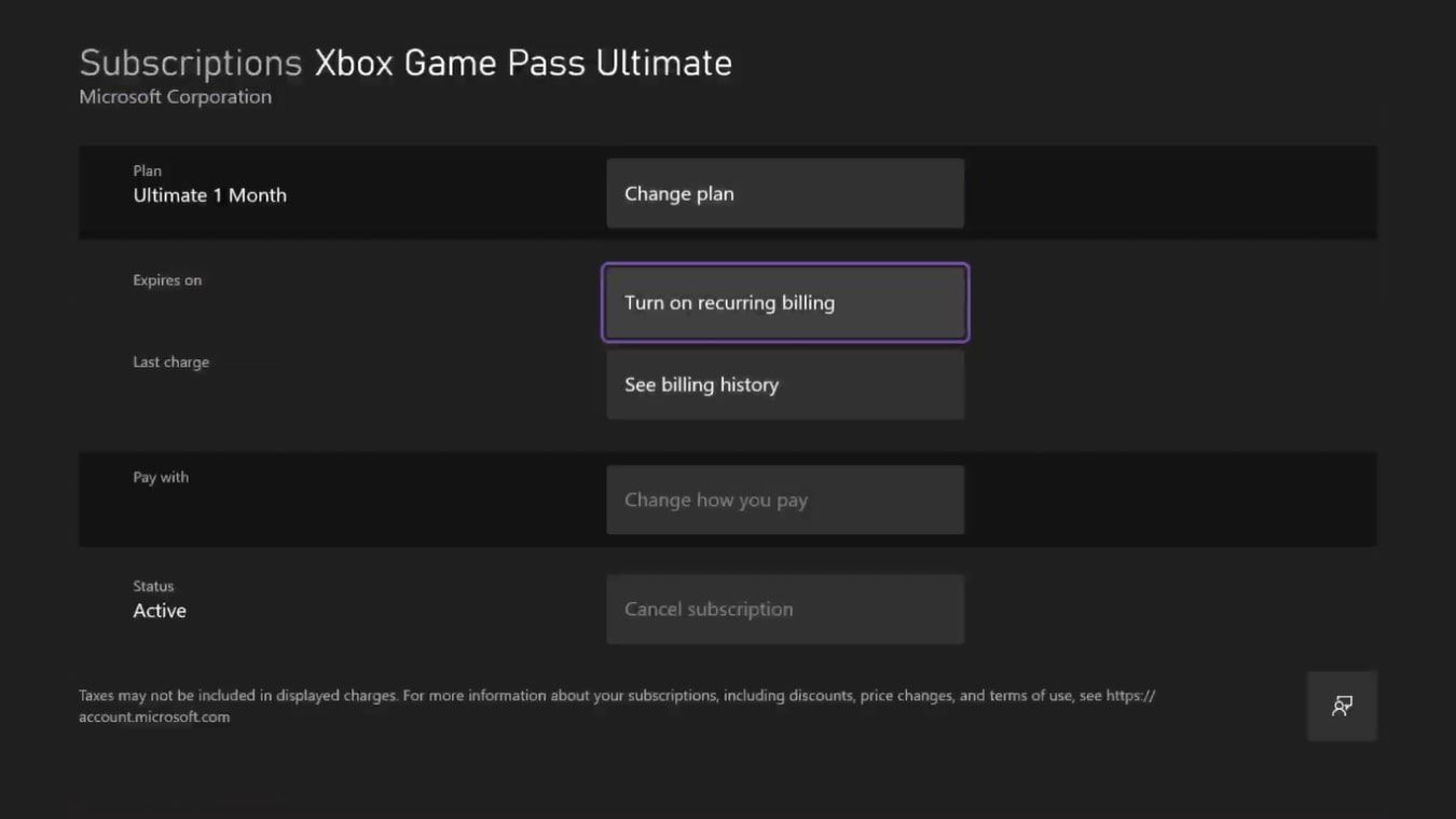 Скриншот опций подписки Xbox Game Pass на консоли с выделенной опцией «Включить автоматические платежи»