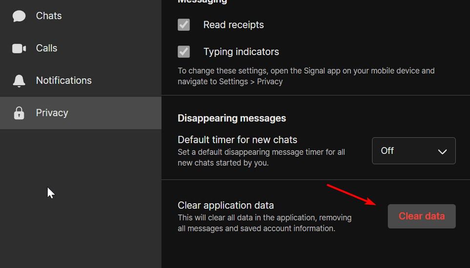 Опция удаления данных в настройках Signal Desktop