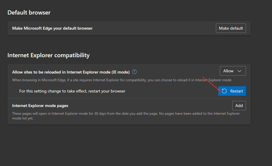 Кнопка перезапуска Edge для применения изменений