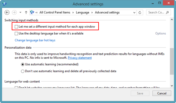 Параметры переключения методов ввода в настройках языка