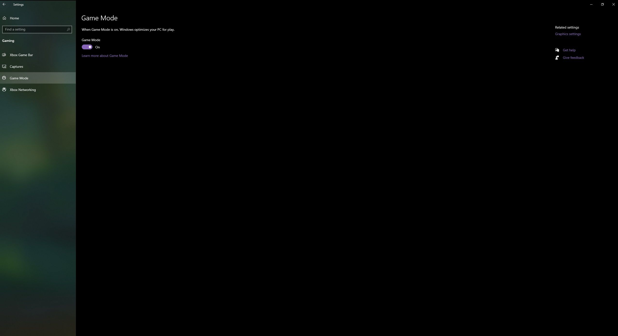 Меню ПК с включённым режимом игры