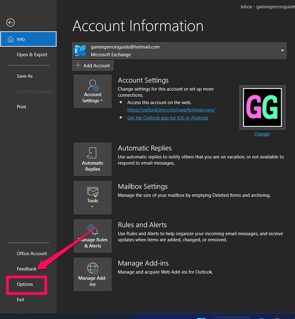 Параметры Outlook