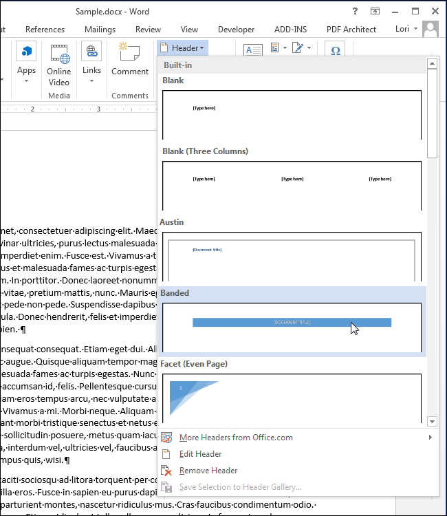 Вставка готового верхнего колонтитула