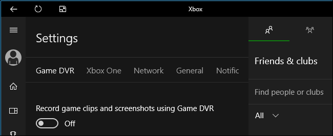 Переключатель 'Записывать клипы и скриншоты с помощью Game DVR'