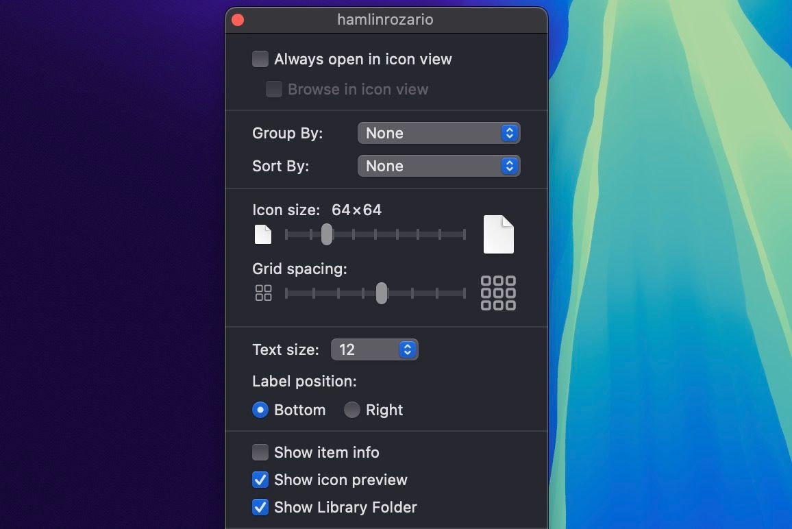 Окно Показать параметры вида в macOS
