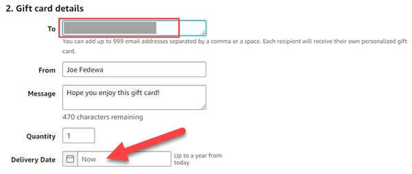 Форма для указания email получателя подарочной карты.