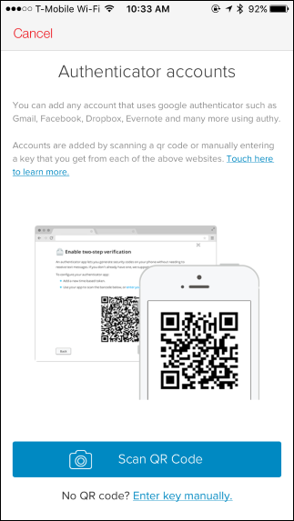 Скриншот экрана добавления аккаунта в Authy