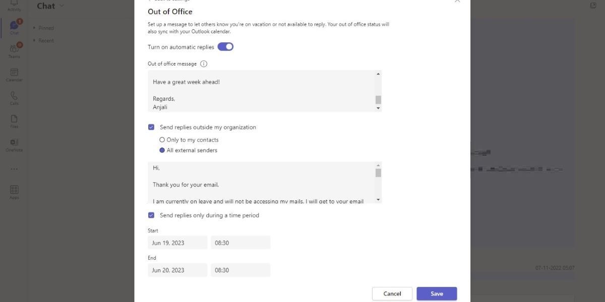 Окно настройки автоматических ответов для внешних контактов в Microsoft Teams