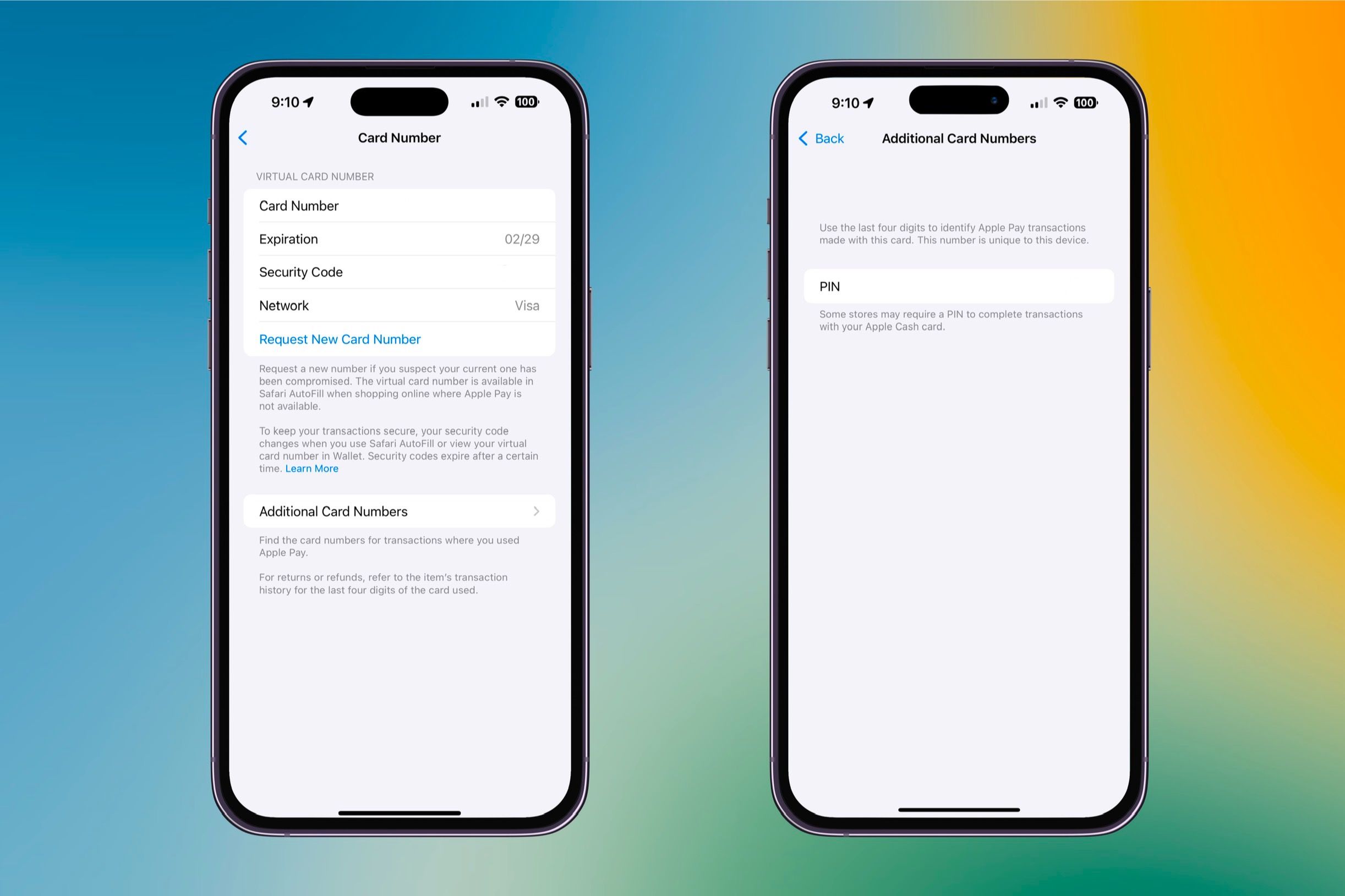 Информация о цифровой карте Apple Cash на разноцветном фоне.