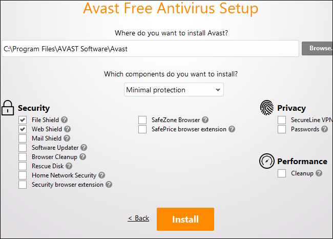 Изображение: выбор минимальной защиты в процессе установки Avast