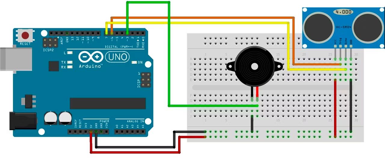 Схема подключения ультразвукового датчика HC-SR04 и зуммера к Arduino