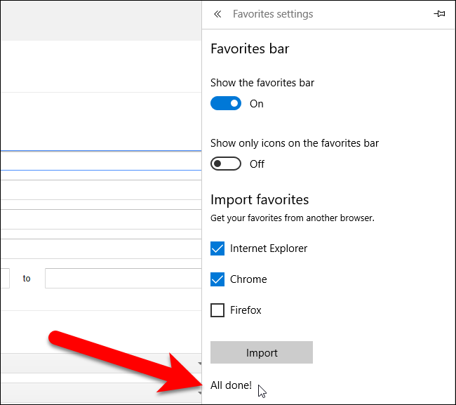 Сообщение об успешном импорте в Edge