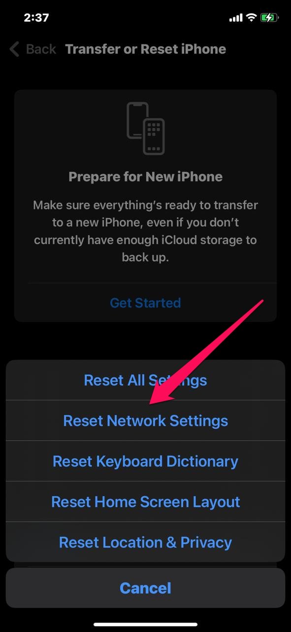 Écran confirmation Réinitialisation réseau